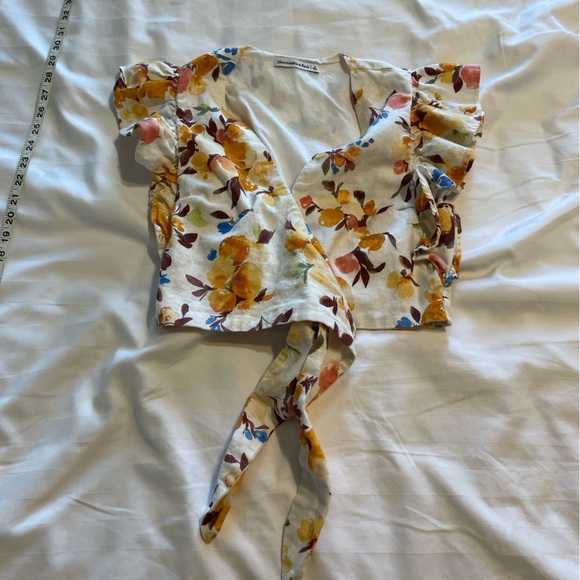 Abercrombie Tie-Front Linen-Blend Set Top Orange Floral Size S NWOT - Picture 2 of 3